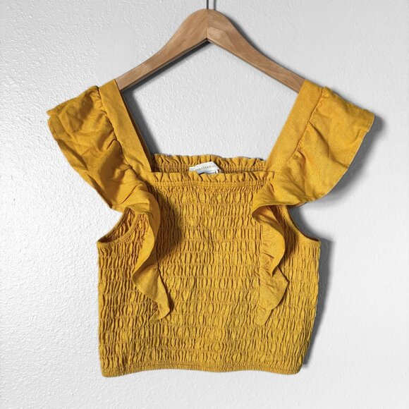 Monteau Tops - Monteau Linen Ruffled Smocked Yellow Crop Top Womens Small Boho Cottagecore Y2K